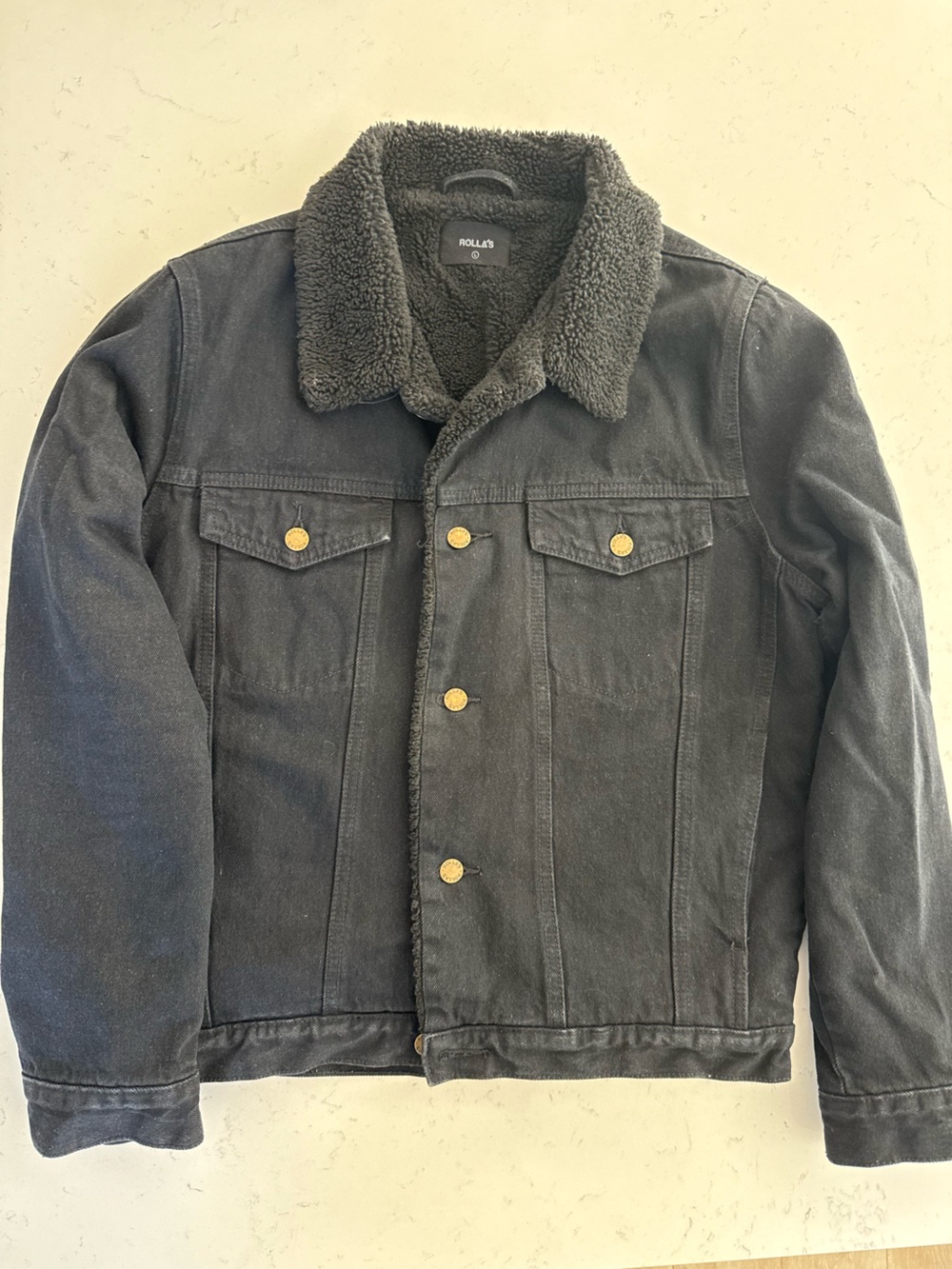 ROLLA'S Black Sherpa-Trim Field Jacket with Brass Buttons